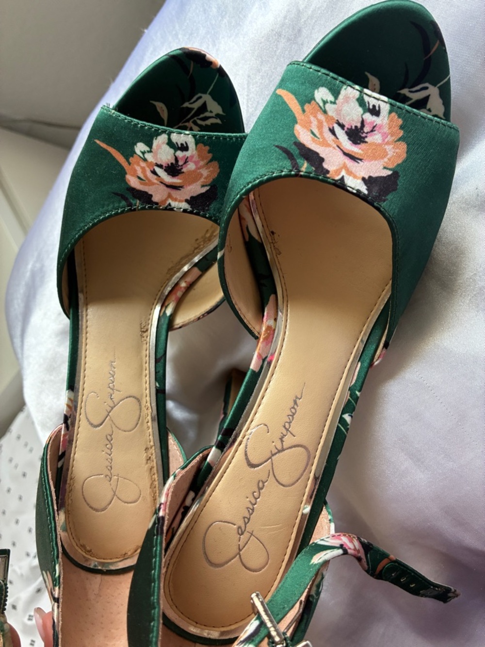 Jessica Simpson Emerald Green Floral Peep-Toe Slingbacks